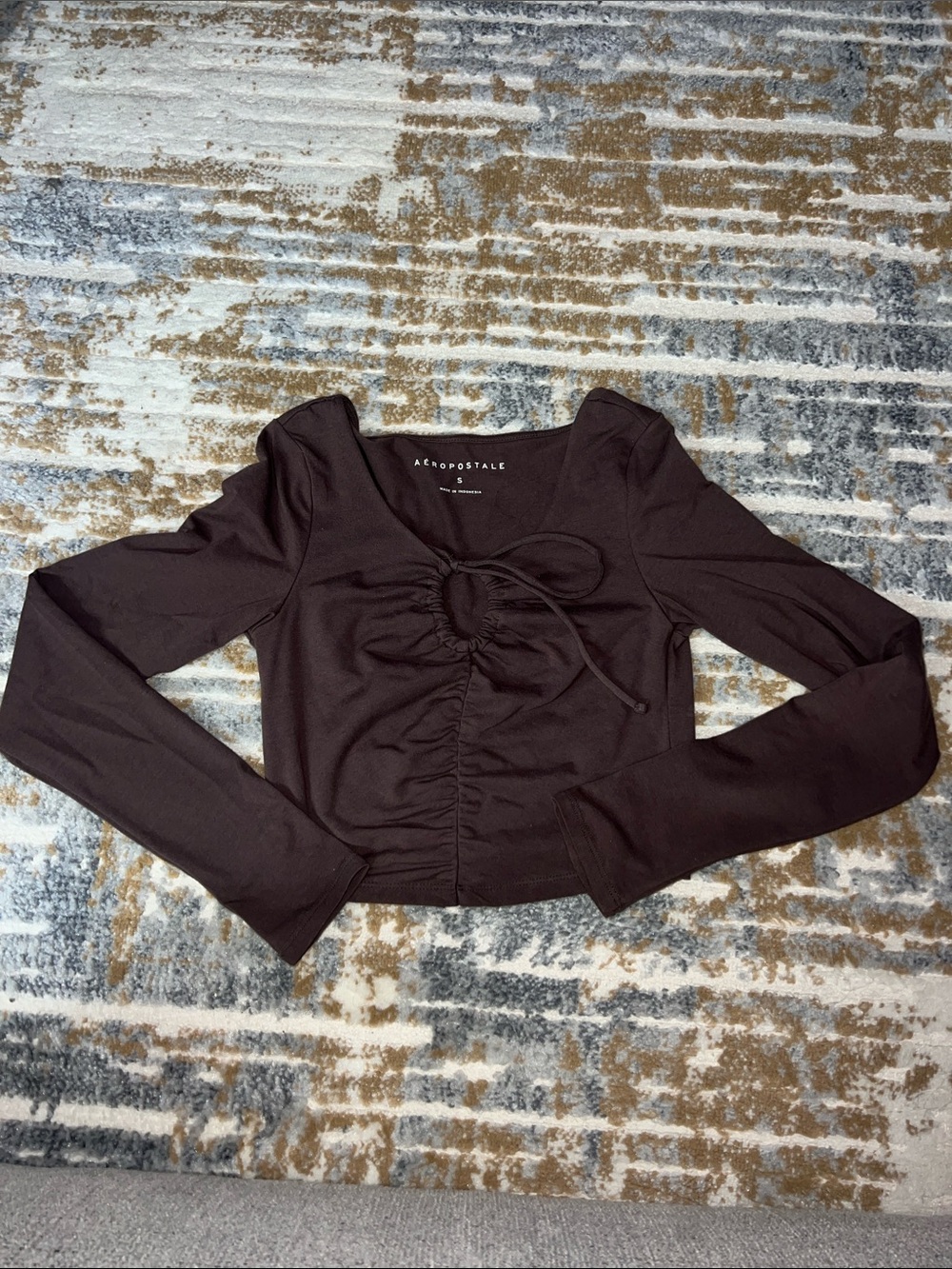 Aeropostale Dark Brown Long Sleeve Ruched Tie-Front Top
